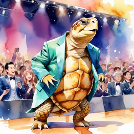 watercolor painting of sulcata tortoise turtle/tortoise in a classy suit on a fashion stage, capturing elegance and charm in a vibrant, highly detailed illustration.