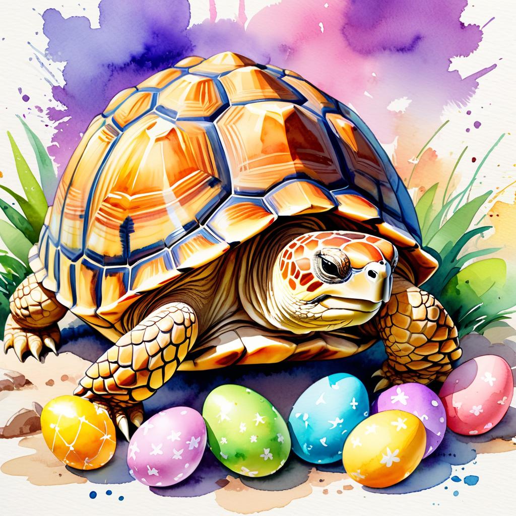 watercolor painting of sulcata tortoise turtle/tortoise in a vibrant easter scene with colorful eggs, highly detailed and joyful.