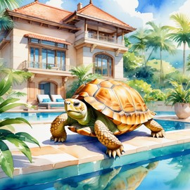 watercolor illustration of sulcata tortoise turtle/tortoise suntanning next to a luxurious villa pool, capturing a posh and vibrant scene.