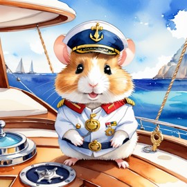 watercolor painting of syrian hamster as a captain on a luxury yacht, wearing captain uniform, vibrant and detailed.