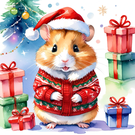 watercolor painting of syrian hamster in a christmas sweater and santa hat, festive and vibrant.