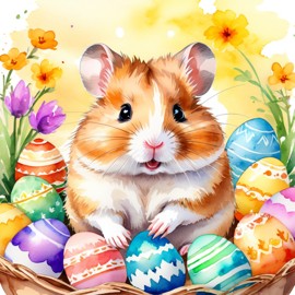 watercolor painting of syrian hamster in a vibrant easter scene with colorful eggs, highly detailed and joyful.