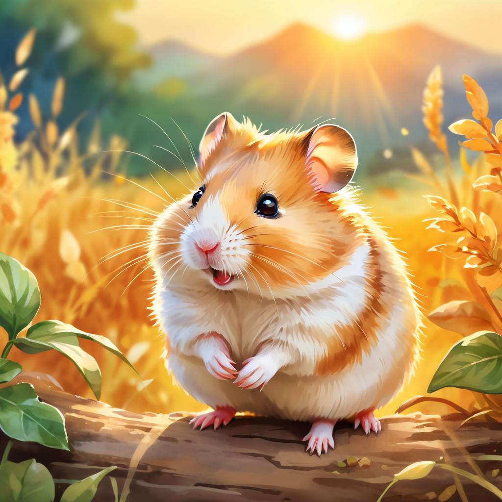 watercolor painting of syrian hamster in golden hour light, showcasing vibrant colors and a happy nature scene in a highly detailed illustration.