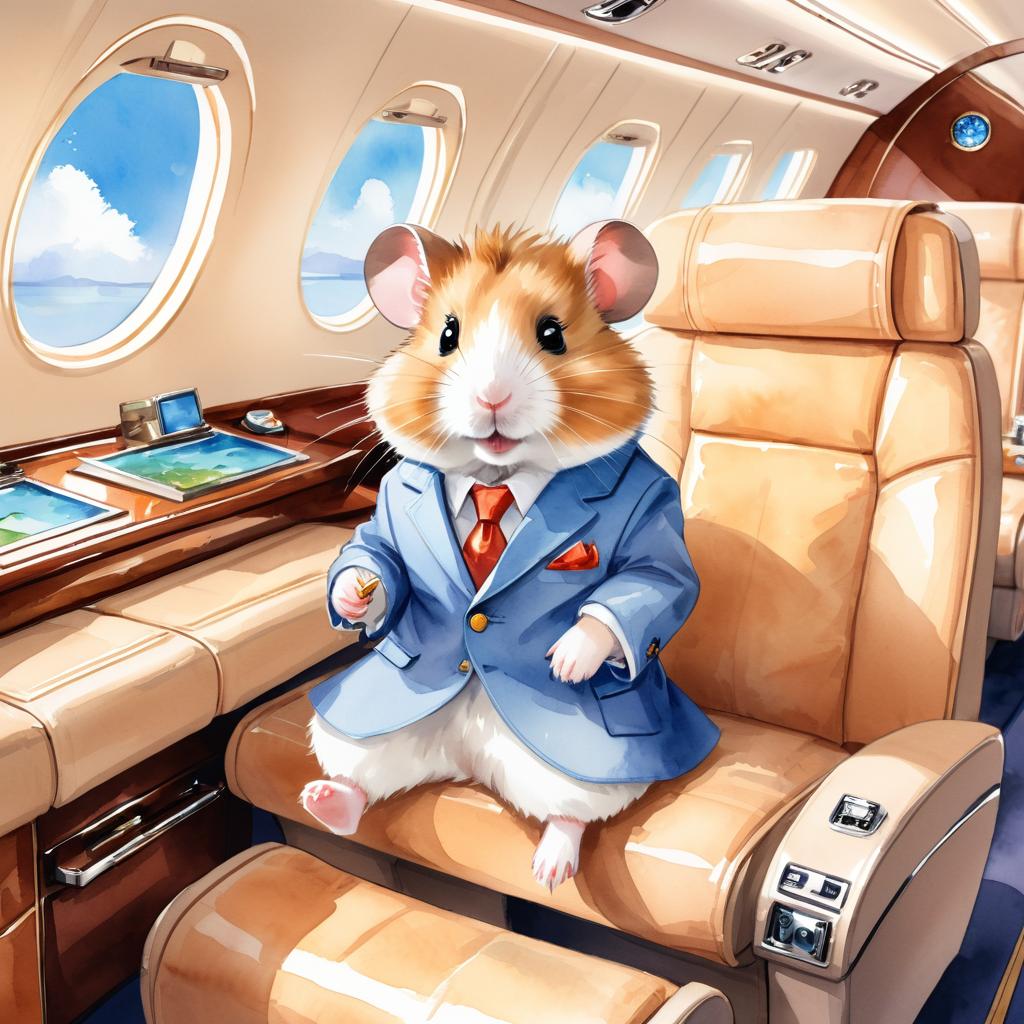 watercolor illustration of syrian hamster in a gulfstream private jet, dressed in elegant clothing, capturing a posh and vibrant scene.