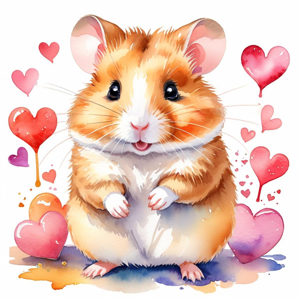 watercolor painting of syrian hamster with hearts, capturing a lovely, cute, and happy expression in vibrant, detailed style.