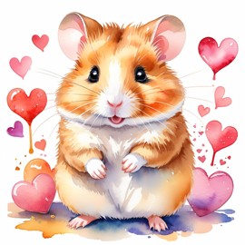 watercolor painting of syrian hamster with hearts, capturing a lovely, cute, and happy expression in vibrant, detailed style.