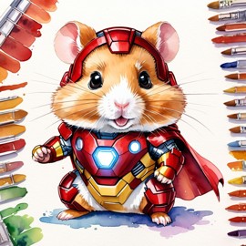 watercolor painting of syrian hamster as iron man, featuring a vibrant and detailed iron man costume in an artistic style.