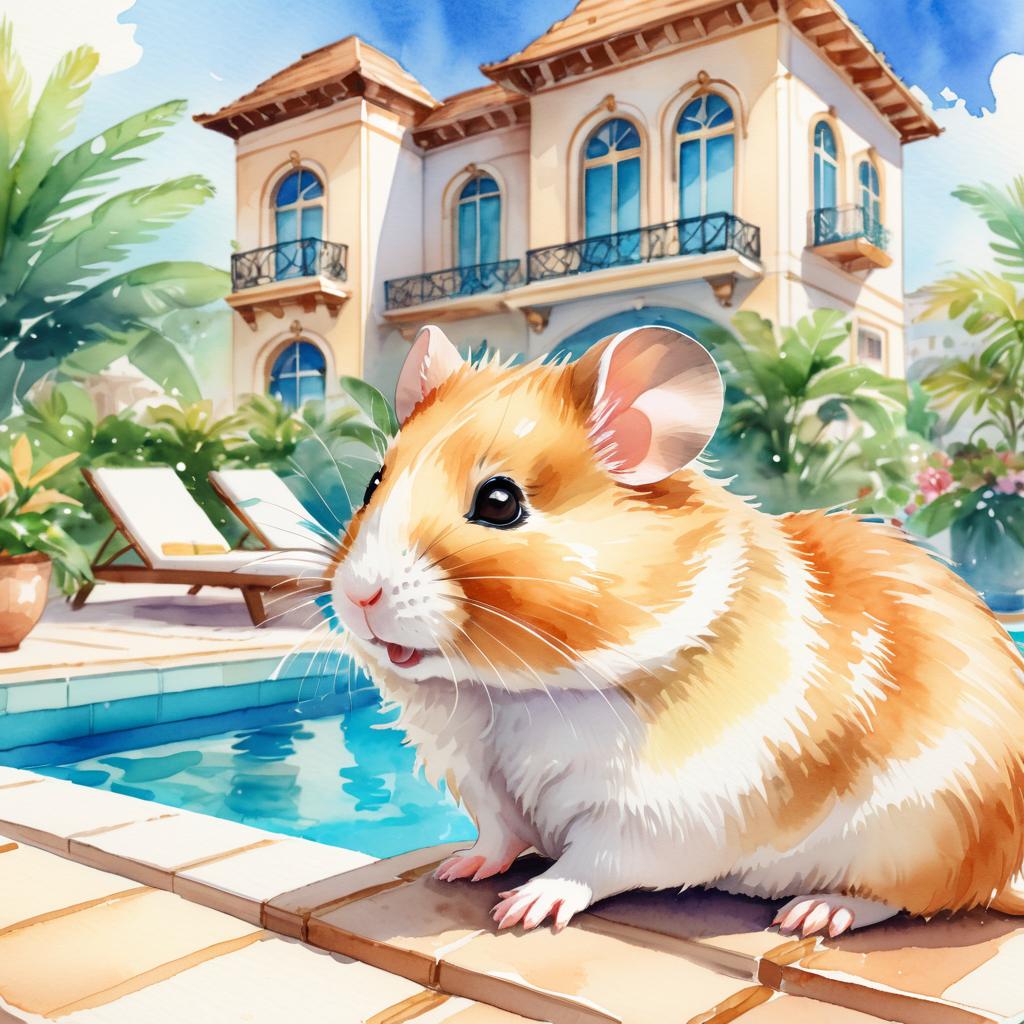 watercolor illustration of syrian hamster suntanning next to a luxurious villa pool, capturing a posh and vibrant scene.