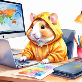 watercolor illustration of syrian hamster as a programmer, working on a laptop in a hoodie, capturing a cute and vibrant scene.