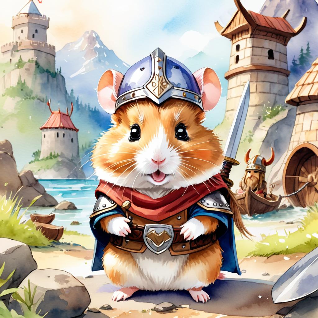 watercolor painting of syrian hamster as a viking, wearing traditional armor and helmet, in a vibrant viking environment.