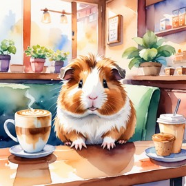 watercolor painting of teddy guinea pig sitting in a cozy coffee shop, vibrant and detailed.