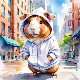 watercolor painting of teddy guinea pig in a white hoodie, featuring a vibrant and detailed urban scene with a happy and cute look.