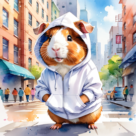 watercolor painting of teddy guinea pig in a white hoodie, featuring a vibrant and detailed urban scene with a happy and cute look.