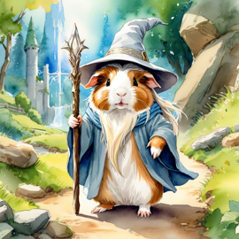 watercolor painting of teddy guinea pig as gandalf, featuring a white beard and a vibrant fantasy setting.