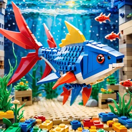 watercolor painting of tetra fish as lego bricks, vibrant and detailed in a playful lego environment.