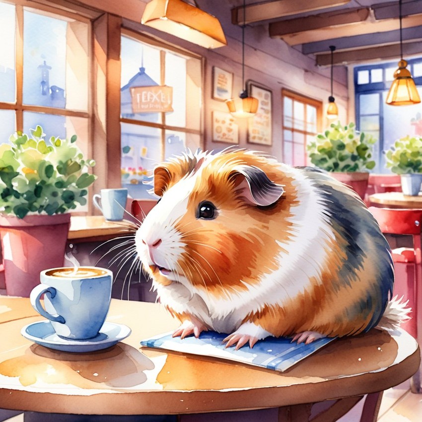 watercolor painting of texel guinea pig sitting in a cozy coffee shop, vibrant and detailed.