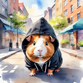 watercolor painting of texel guinea pig in a black hoodie, showcasing a vibrant urban environment with a cute and happy appearance.