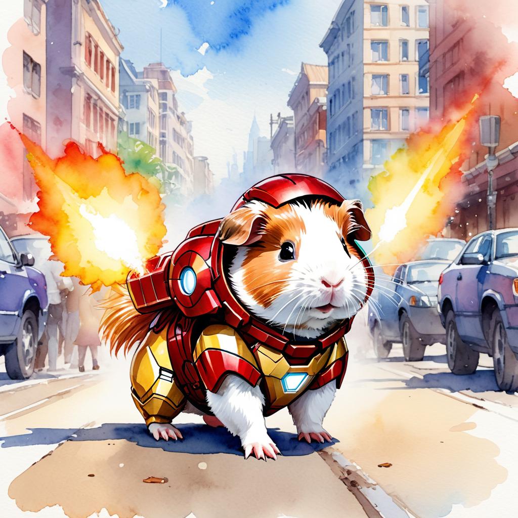 watercolor painting of texel guinea pig as iron man, featuring a vibrant and detailed iron man costume in an artistic style.