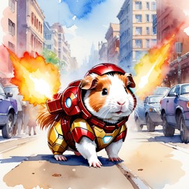 watercolor painting of texel guinea pig as iron man, featuring a vibrant and detailed iron man costume in an artistic style.