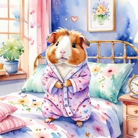 watercolor illustration of texel guinea pig in cute pyjamas, relaxing in a posh bedroom, capturing a vibrant and happy scene.