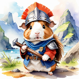 watercolor painting of texel guinea pig as a viking, wearing traditional armor and helmet, in a vibrant viking environment.