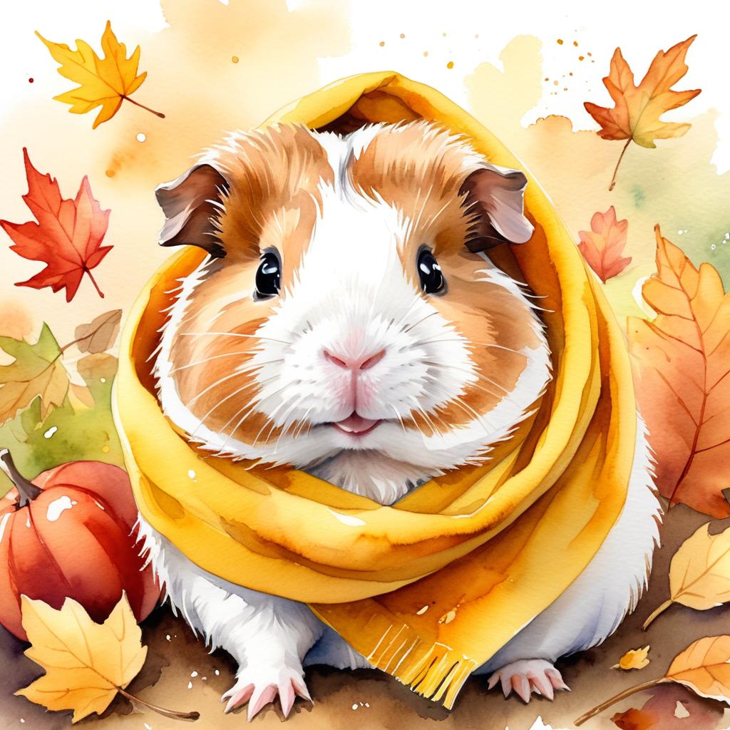 watercolor painting of texel guinea pig in autumn, wearing a yellow scarf, vibrant and detailed.