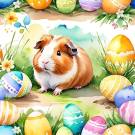 watercolor painting of texel guinea pig in a vibrant easter scene with colorful eggs, highly detailed and joyful.