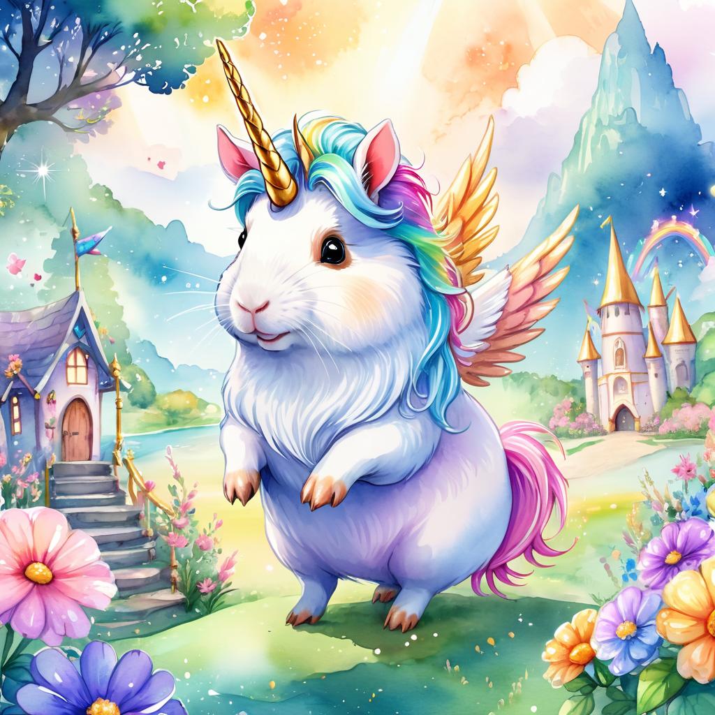 watercolor painting of texel guinea pig as a unicorn in a vibrant fairytale setting, capturing a cute and happy scene with detailed illustration.