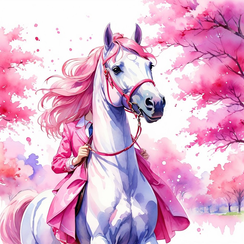 watercolor illustration of thoroughbred horse in pink clothing, set in a beautiful pink scene, looking happy and vibrant.