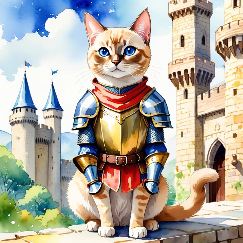 watercolor painting of tonkinese cat as a medieval knight in a vibrant, detailed castle scene.