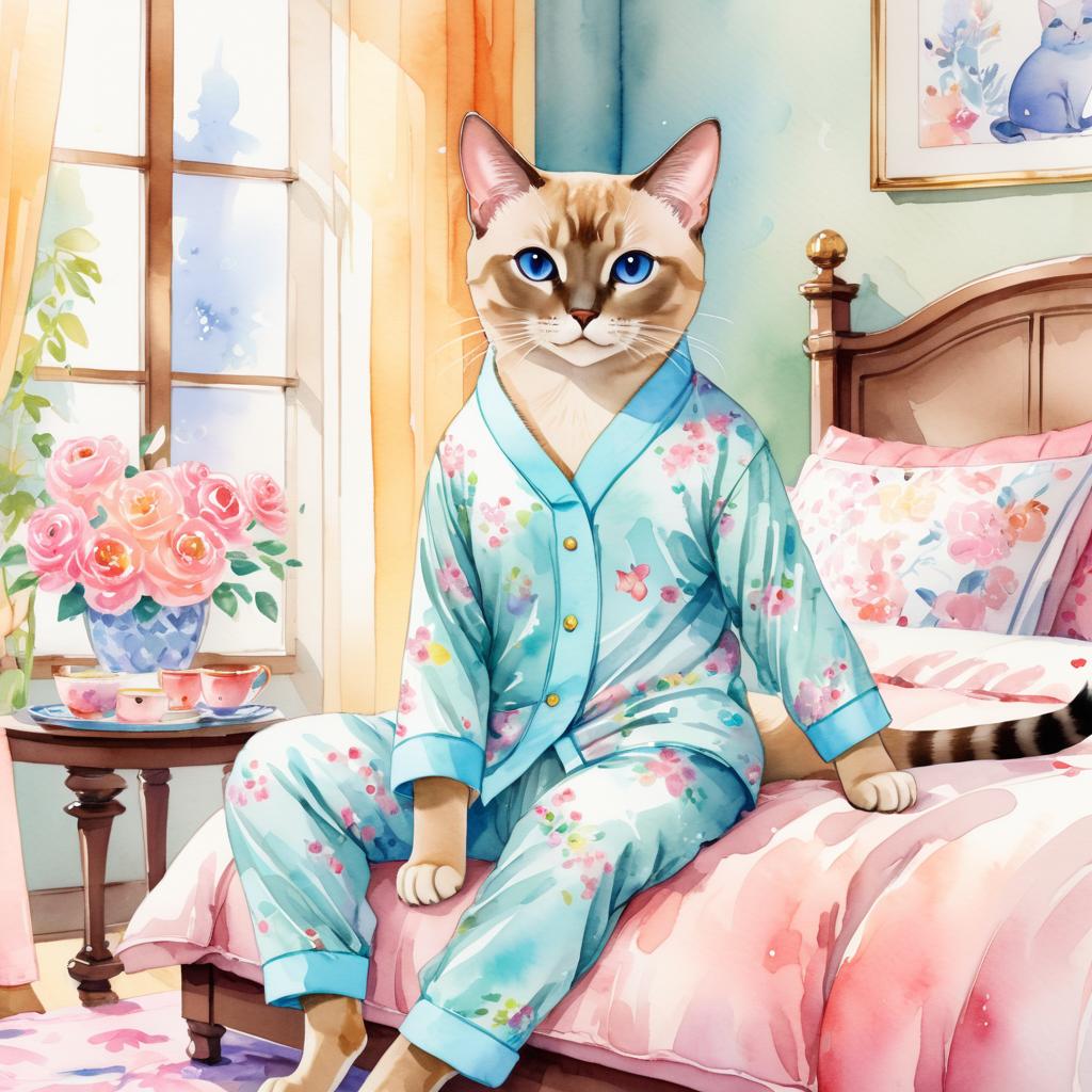 watercolor illustration of tonkinese cat in cute pyjamas, relaxing in a posh bedroom, capturing a vibrant and happy scene.