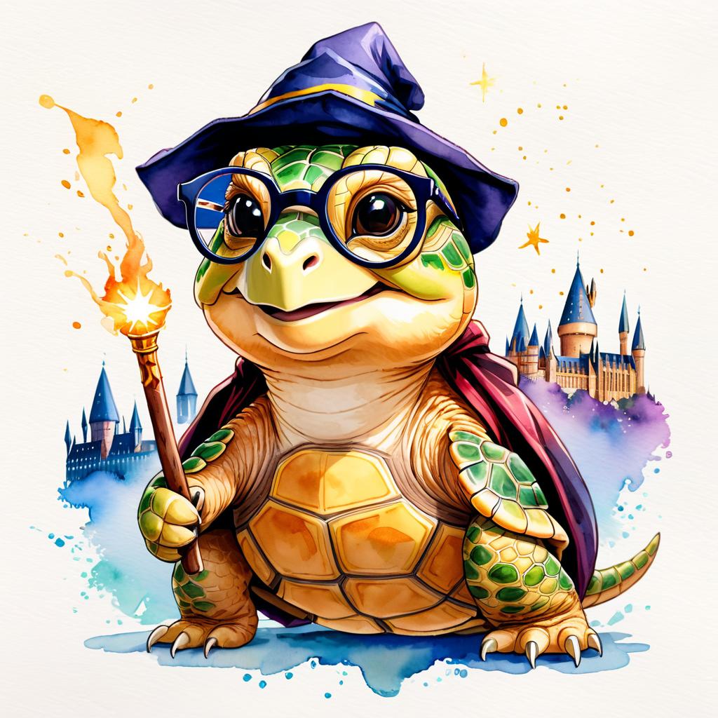 watercolor painting of russian tortoise turtle/tortoise as harry potter, complete with glasses and hogwarts backdrop, highlighting a vibrant and magical scene.