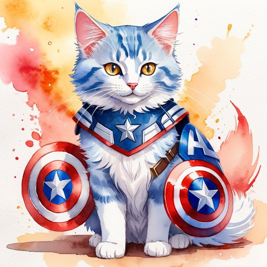 watercolor painting of turkish angora cat as captain america from avengers, vibrant and detailed.