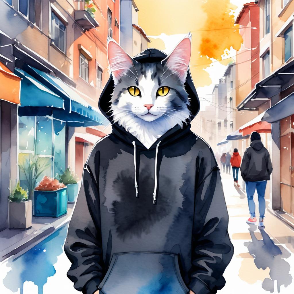 watercolor painting of turkish angora cat in a black hoodie, showcasing a vibrant urban environment with a cute and happy appearance.