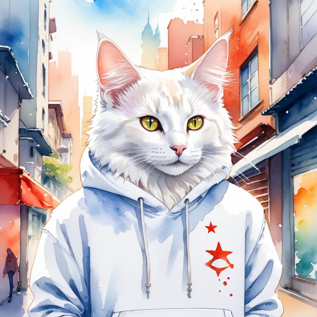 watercolor painting of turkish angora cat in a white hoodie, featuring a vibrant and detailed urban scene with a happy and cute look.