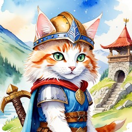 watercolor painting of turkish angora cat as a viking, wearing traditional armor and helmet, in a vibrant viking environment.