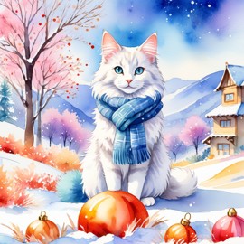 watercolor painting of turkish angora cat in a beautiful winter scene, wearing stylish winter clothing, looking cute and happy.