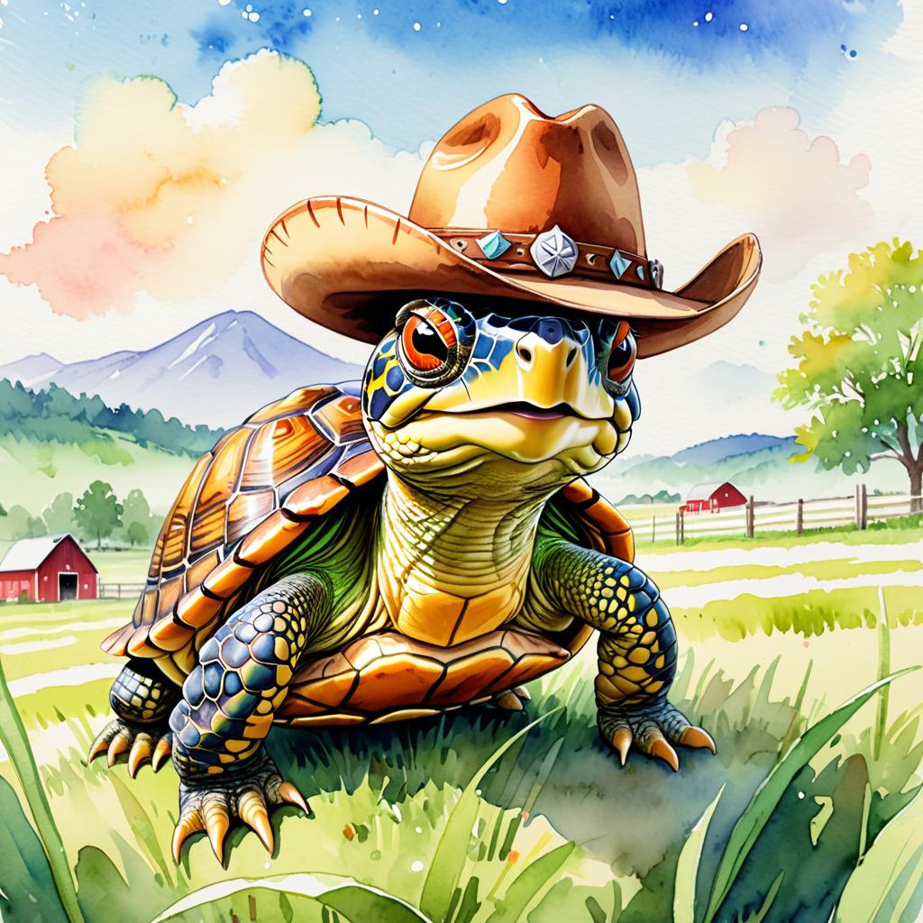 watercolor painting of box turtle turtle/tortoise as a cowboy wearing a hat, in the midwest countryside, on a farm.