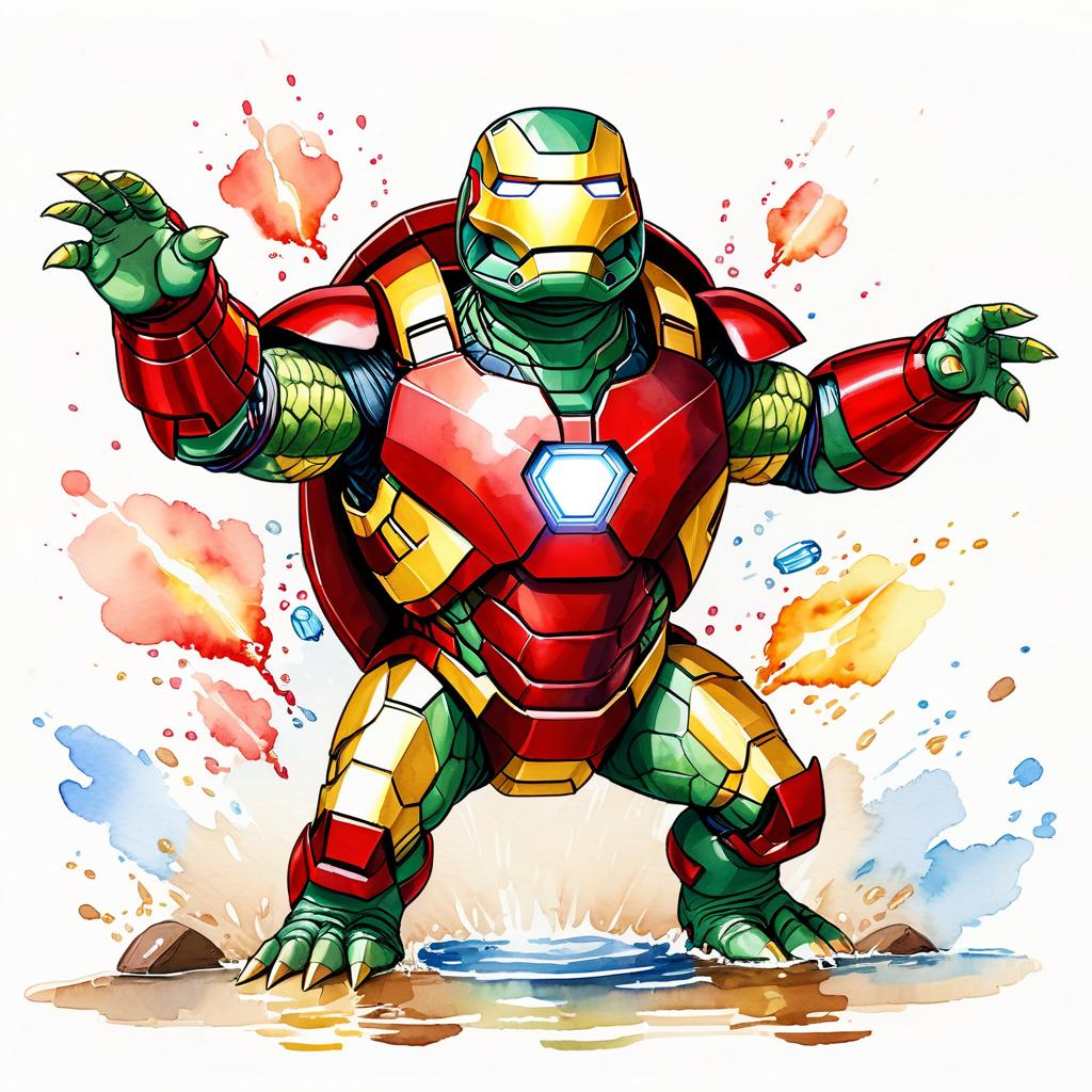 watercolor painting of red-eared slider turtle/tortoise as iron man, featuring a vibrant and detailed iron man costume in an artistic style.