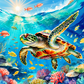 watercolor painting of red-eared slider turtle/tortoise swimming in a beautiful blue ocean with colorful fish and coral reef, capturing a happy and vibrant underwater scene.