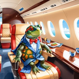 watercolor illustration of red-eared slider turtle/tortoise in a gulfstream private jet, dressed in elegant clothing, capturing a posh and vibrant scene.