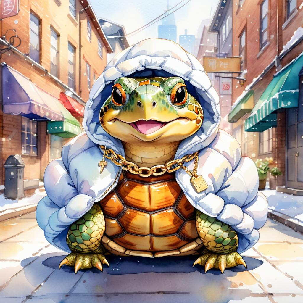 watercolor painting of box turtle turtle/tortoise in a white puffer coat with golden hip hop chains, set in a posh urban environment.