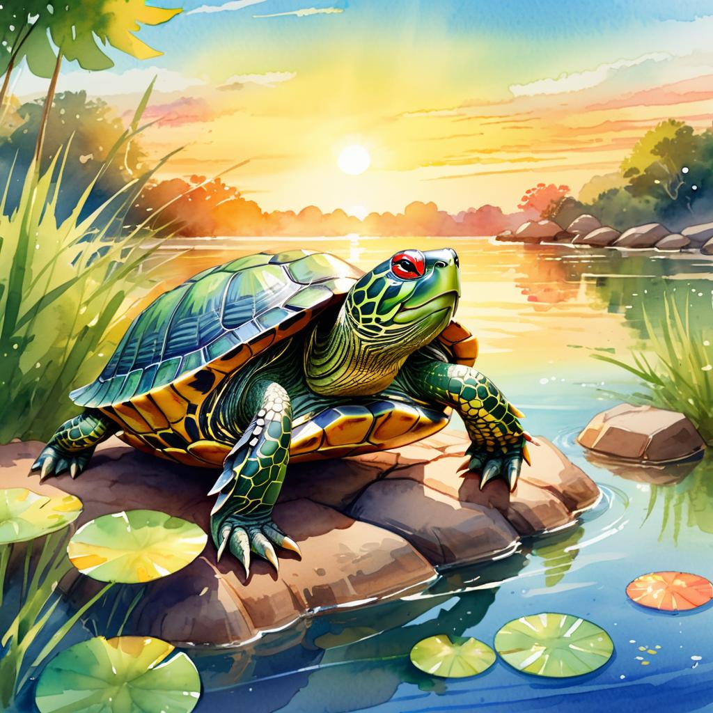 watercolor painting of red-eared slider turtle/tortoise in golden hour light, showcasing vibrant colors and a happy nature scene in a highly detailed illustration.