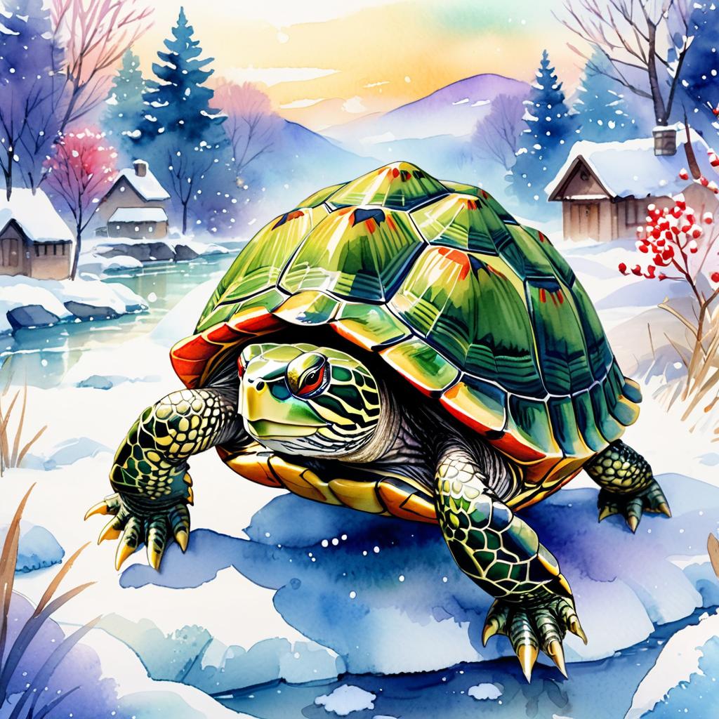 watercolor painting of red-eared slider turtle/tortoise in a beautiful winter scene, wearing stylish winter clothing, looking cute and happy.