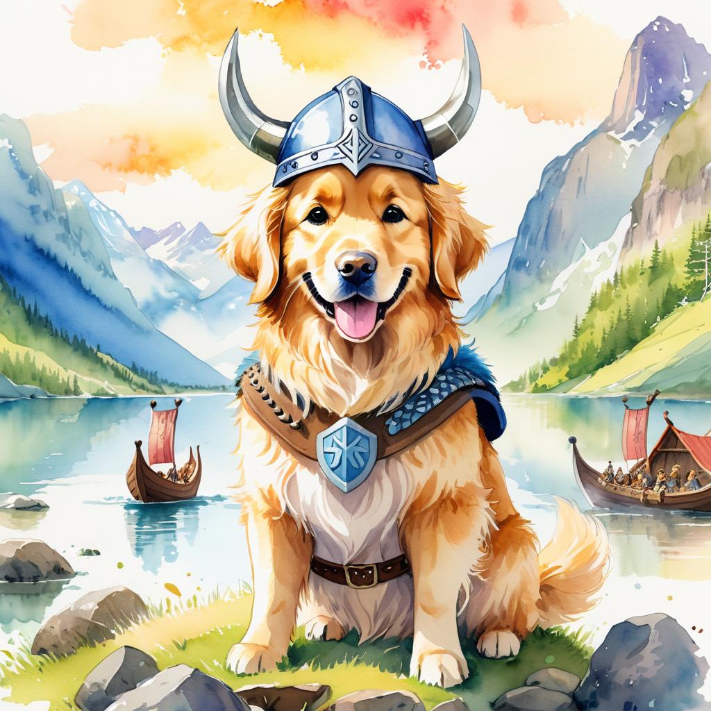 watercolor painting of golden retriever as a viking, wearing traditional armor and helmet, in a vibrant viking environment.