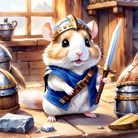 watercolor painting of winter white russian dwarf hamster as a viking, wearing traditional armor and helmet, in a vibrant viking environment.