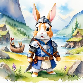 watercolor painting of mini rex rabbit as a viking, wearing traditional armor and helmet, in a vibrant viking environment.