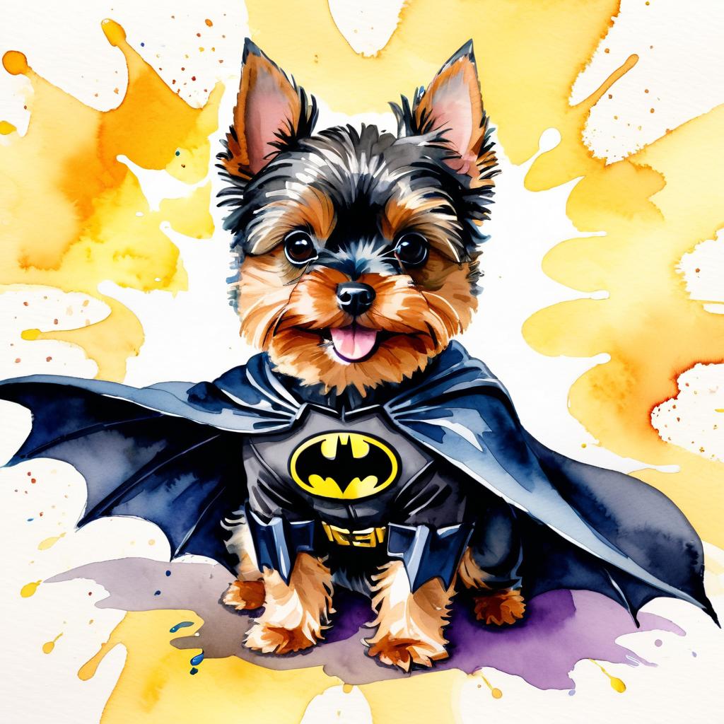 watercolor painting of yorkshire terrier as batman, wearing batman suit and mask, vibrant and detailed.