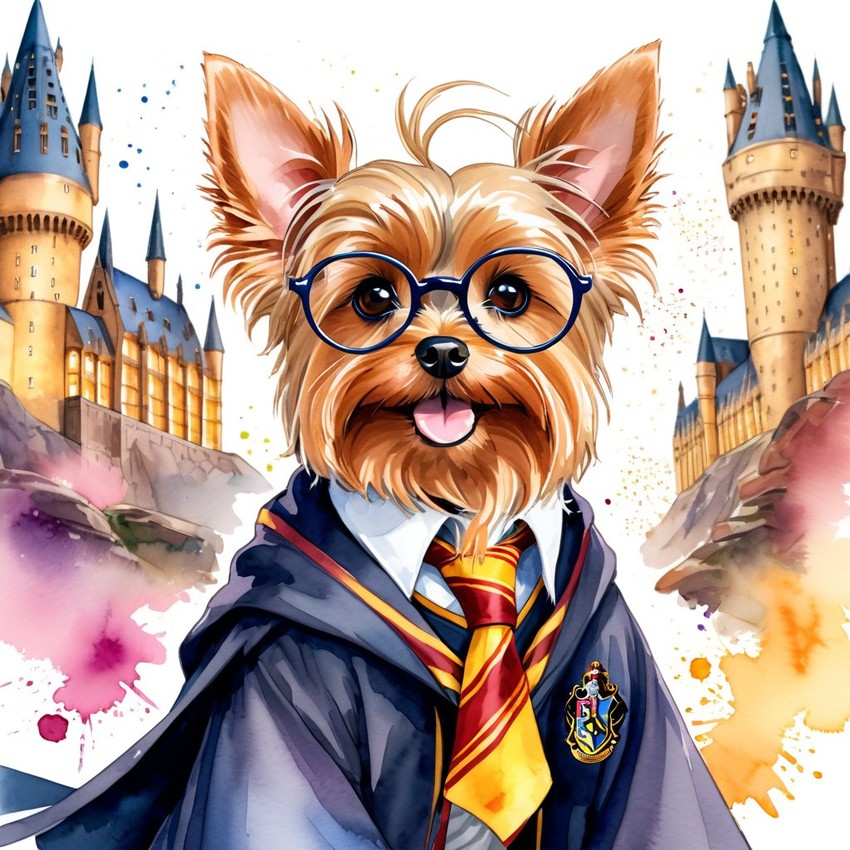 watercolor painting of yorkshire terrier as harry potter, complete with glasses and hogwarts backdrop, highlighting a vibrant and magical scene.