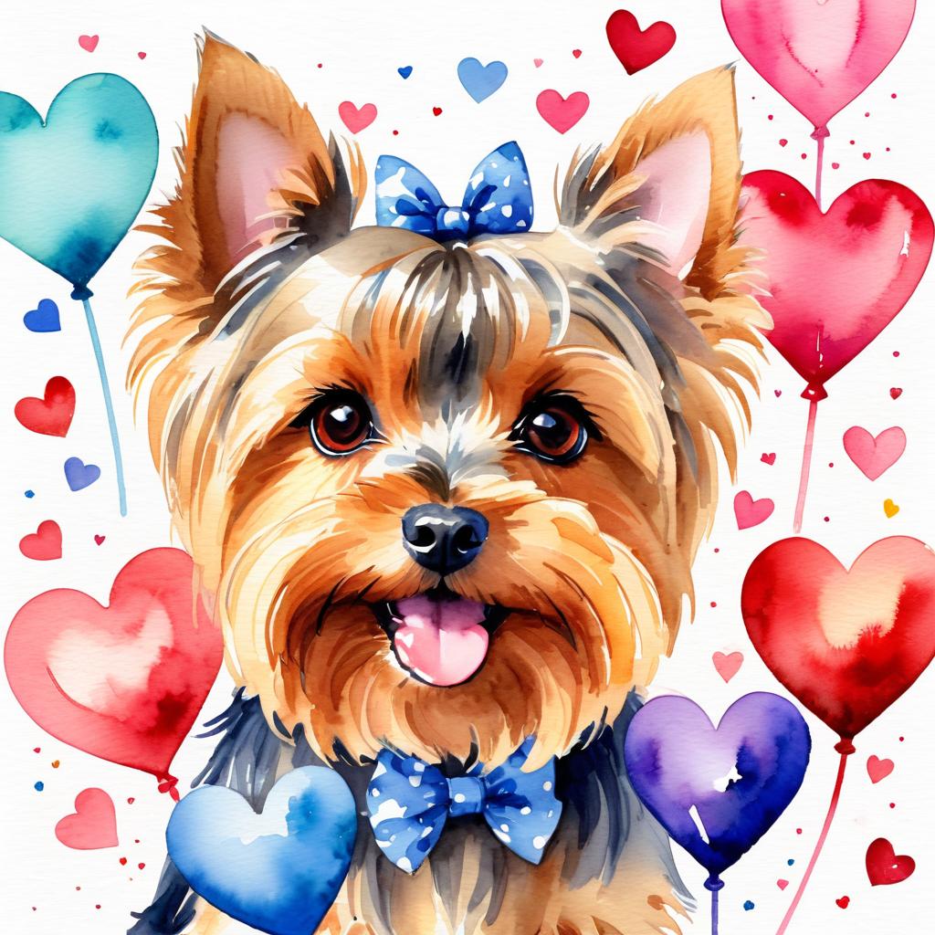 watercolor painting of yorkshire terrier with hearts, capturing a lovely, cute, and happy expression in vibrant, detailed style.